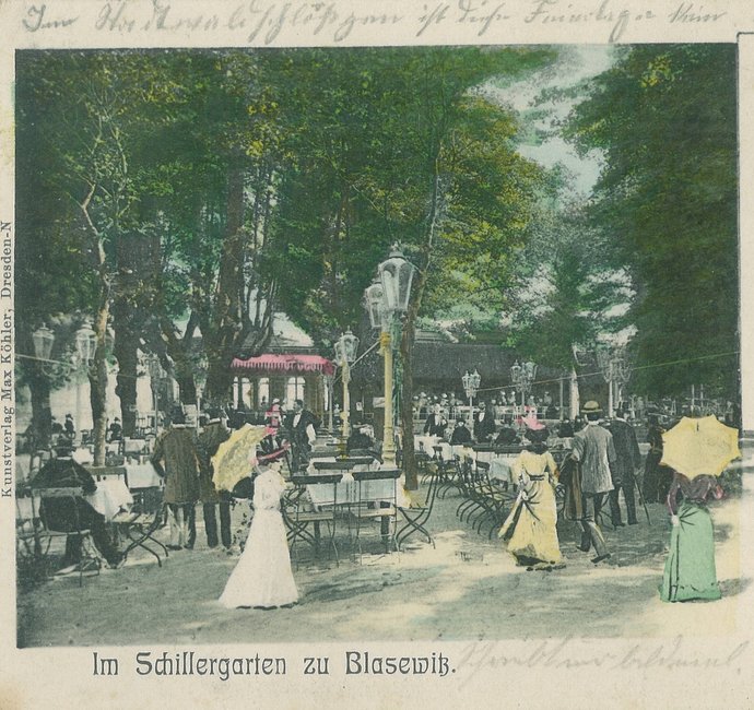 Historische Ansicht des Biergartens von der Elbe aus